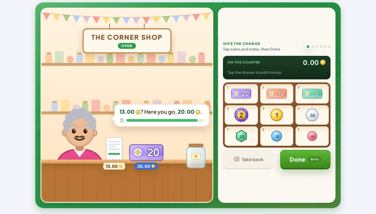 Shop Keeper-ის დახლი: მყიდველი 13,00-იან ანგარიშში 20,00-ს იხდის, ჩანს მოთმინების ზოლი, გლიმის კუპიურებითა და მონეტებით სავსე სალაროს უჯრა და დადასტურების ღილაკი