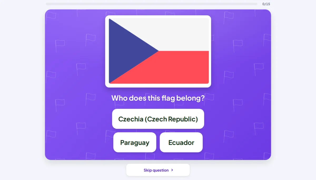 Экран викторины Flags: государственный флаг в центре, три названия стран на выбор и кнопка пропуска вопроса