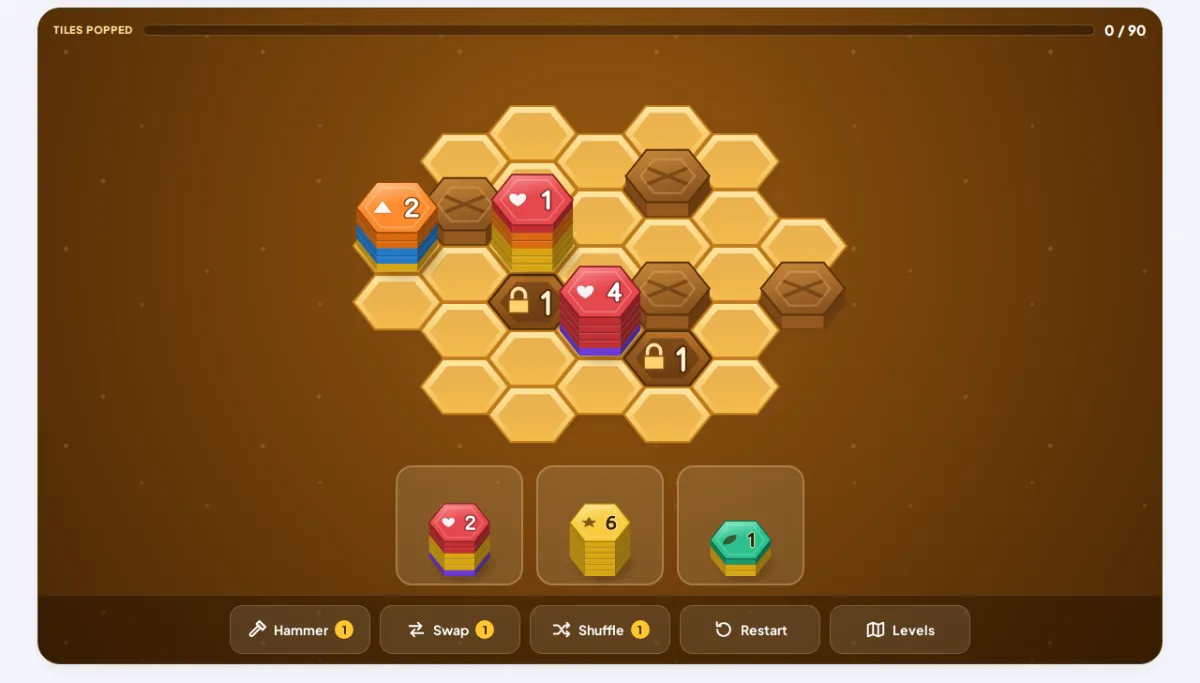 Стільник Hive Stack зі стосами кольорових цукеркових шестикутних плиток, восковими пробками, замкненими комірками та трьома запропонованими стосами внизу