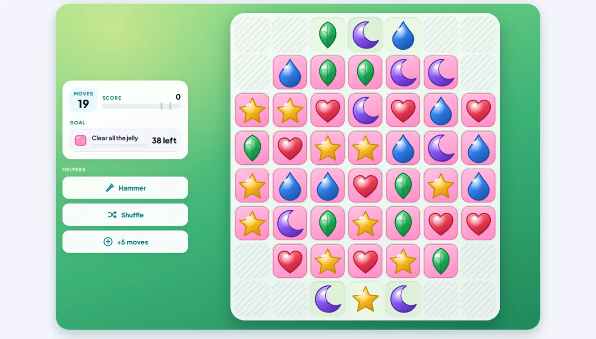 Поле Gem Swap с камнями-сердцами, листьями, каплями, звёздами и лунами на розовом желе; рядом счётчик ходов, цель по желе и бесплатные помощники