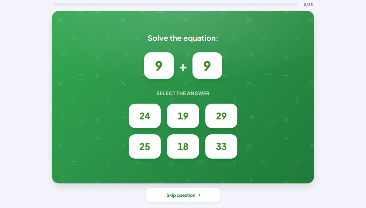 Поле гри Mathematics із прикладом 9 + 9, під ним шість плиток із відповідями, а вгорі смужка прогресу завдань
