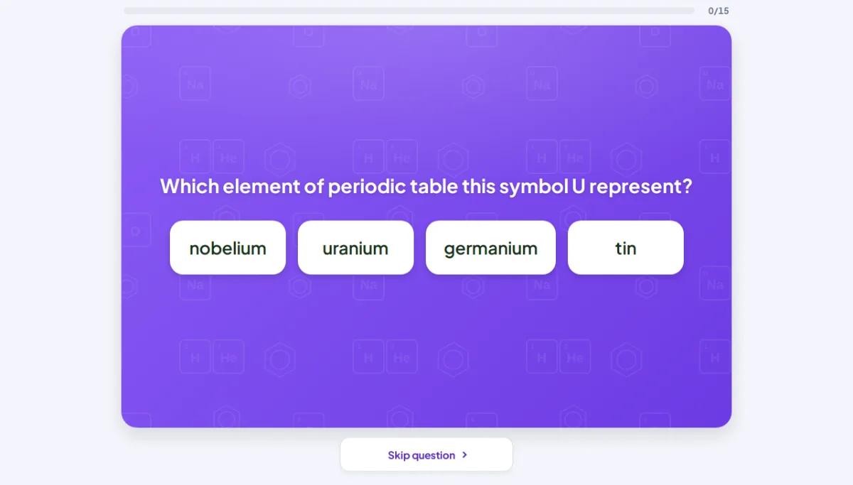 Chemistry-ის ქვიზის კითხვა, რომელ ელემენტს აღნიშნავს სიმბოლო U, ოთხი ვარიანტით: ნობელიუმი, ურანი, გერმანიუმი და კალა