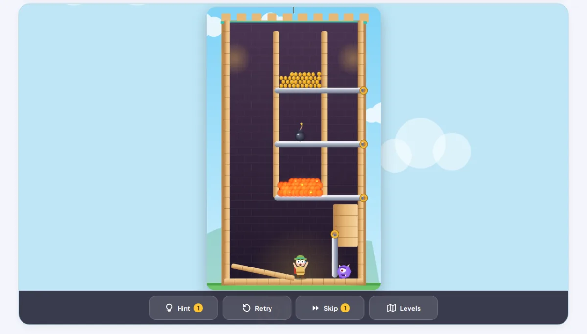 Treasure Tower: ოქროს მონეტები, ბომბი და ლავა ლითონის ქინძისთავებზე, ქვემოთ მკვლევარი Pip და იისფერი ბუზღუნა