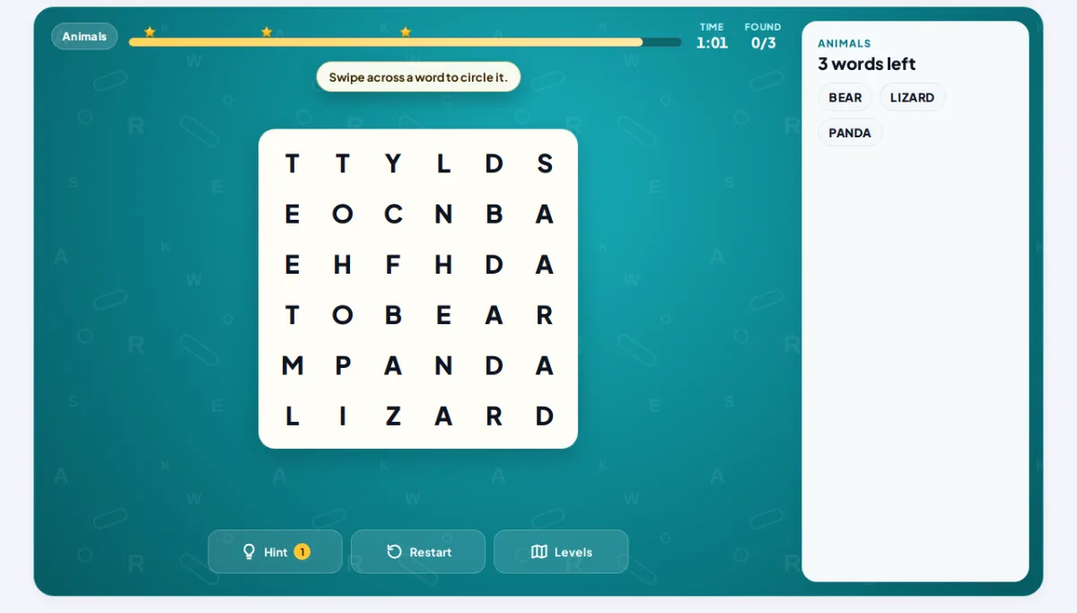 Word Hunt-ის 6x6 ასოების ბადე ცხოველების თემაზე, გვერდით ცხოველების სახელების სიით (დათვი, ხვლიკი, პანდა), ზემოთ კი დროის ზოლით